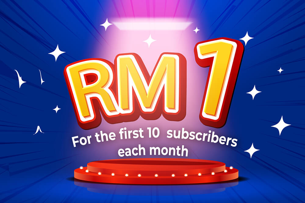 rm1 for the first 10 subscribers each month in bold red and orange text.