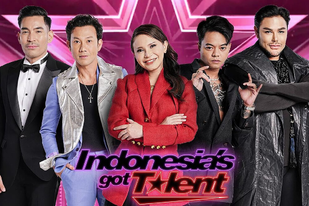 Five judges of "Indonesia's Got Talent" posing confidently against a vibrant pink and purple background