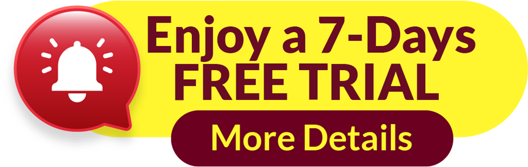 Red and yellow color text that says "enjoy a 7-day free trial" and "more details" inside speech bubbles with a bell icon.
