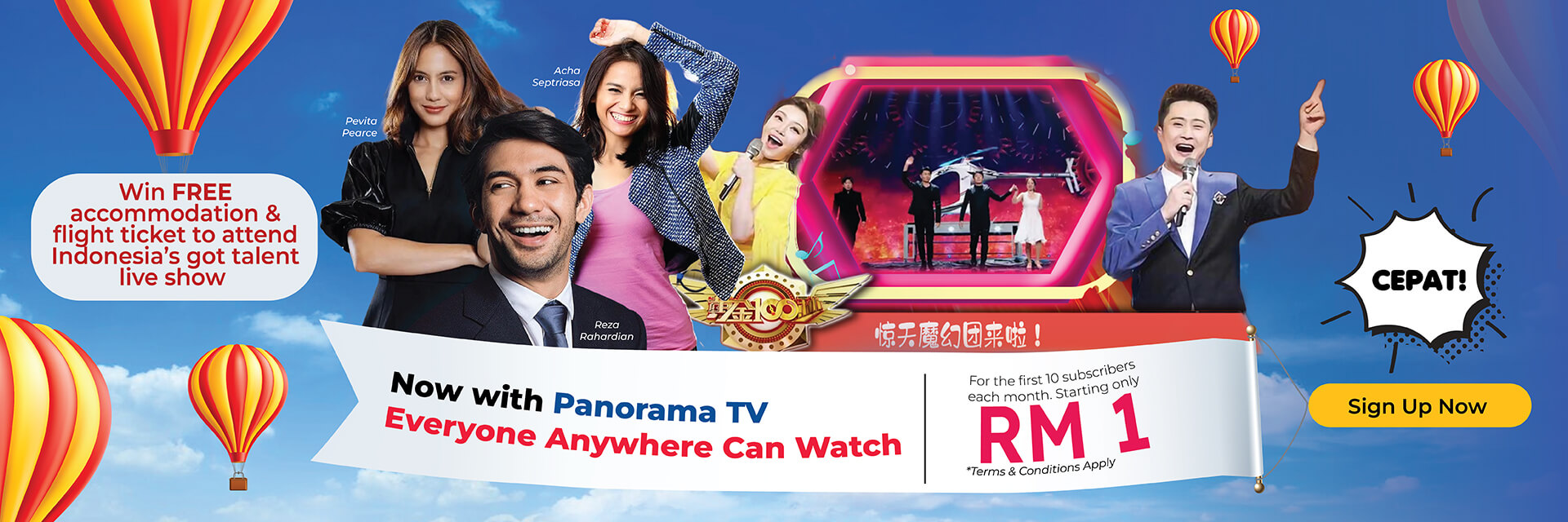 Advertisement for Panorama TV featuring diverse, joyful people, hot air balloons, promoting everyone's 2 anchors with mic.