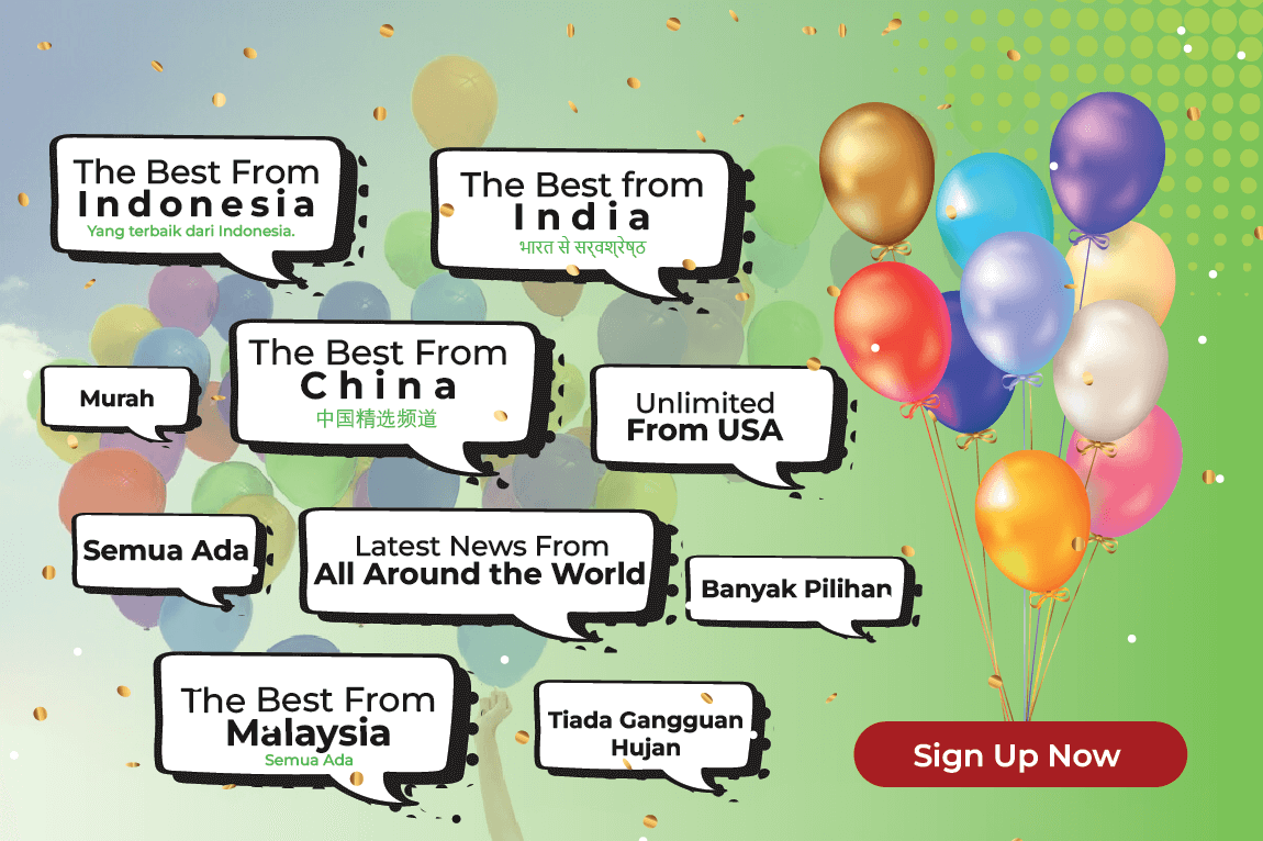 Featuring multicolored balloons and bubbles with text promoting global news and products from various countries. The "sign up now" button is visible.