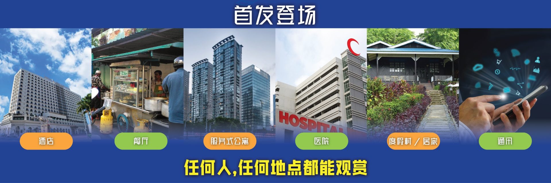 A promotional banner "ideal for" shows images of a hotel, restaurant, serviced apartment, hospital, office, and mobile.